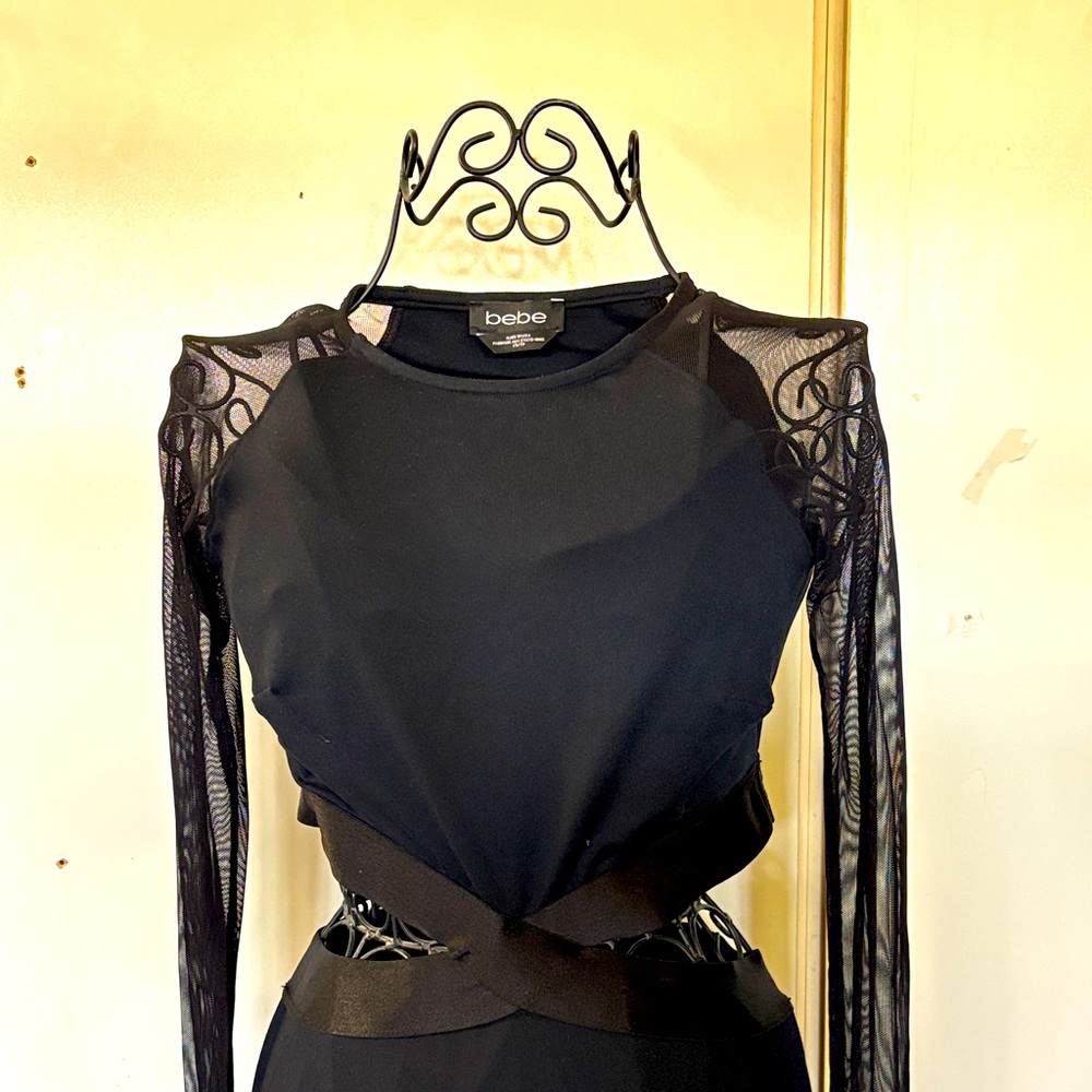 Bebe Black Dress with Sheer Mesh Sleeves